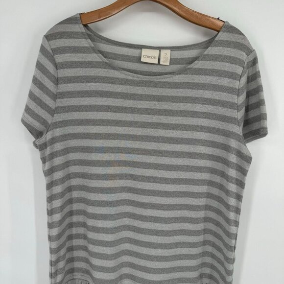 Chicos 2 Womens Size large Gray metallic Striped Short Sleeve Top fringed Hem - Picture 4 of 12